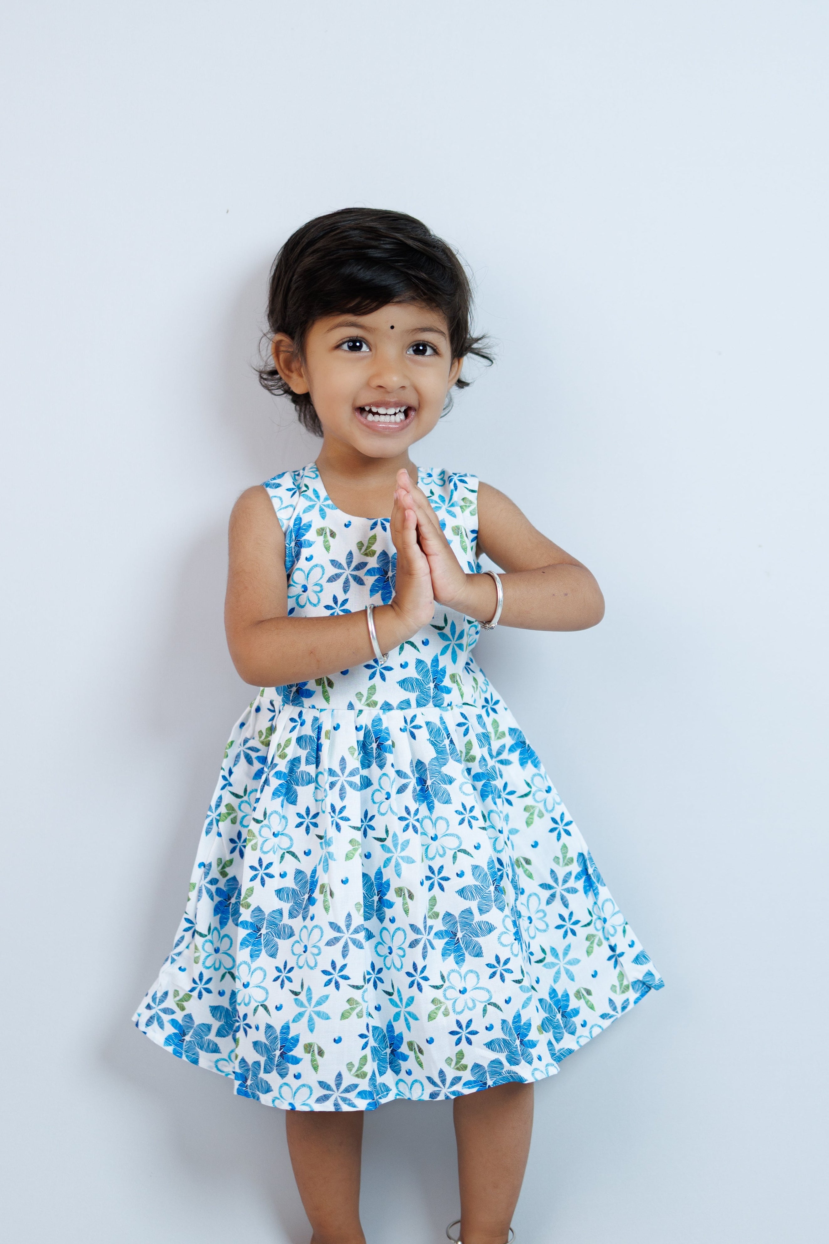Soft Blue Blossoms Sleeveless Cotton Frocks for Girls