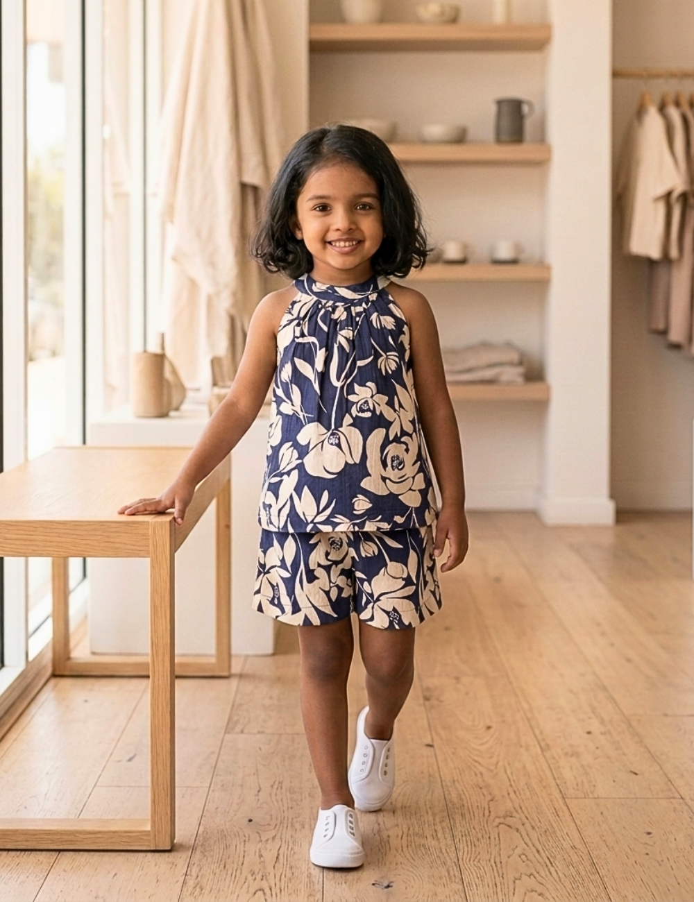Navy Blue Flora High Neck Co-Ord Set