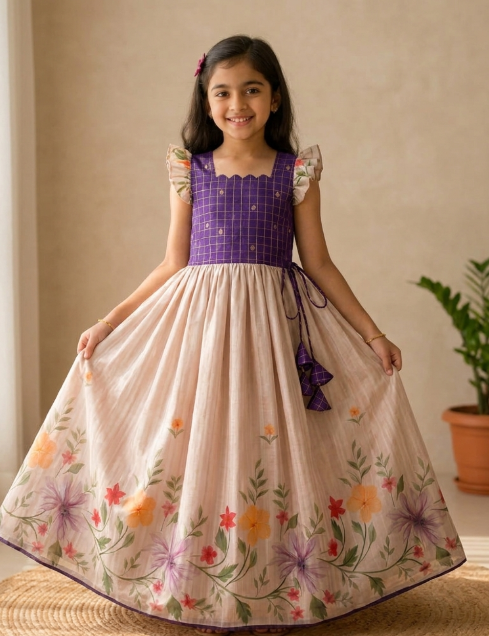 A young girl stands indoors wearing a long floral dress with a purple grid-patterned bodice, flutter sleeves, and a full cream skirt decorated with colorful flowers and green leaves.
