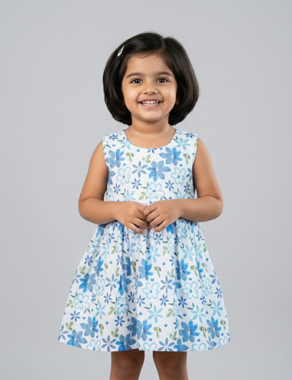 Soft Blue Blossoms Sleeveless Cotton Frocks for Girls