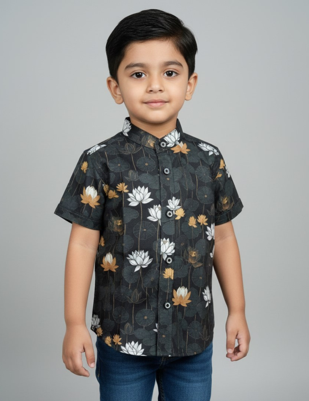 Printed Cotton Black Shirt with Lotus Motifs