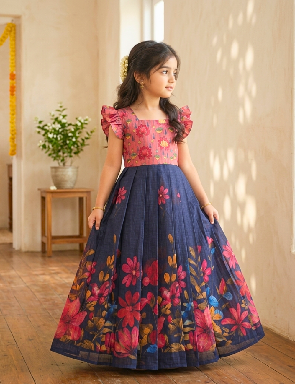 A young girl wearing a traditional Indian floral print dress, standing in a warm, sunlit room with wooden floors and beige walls.