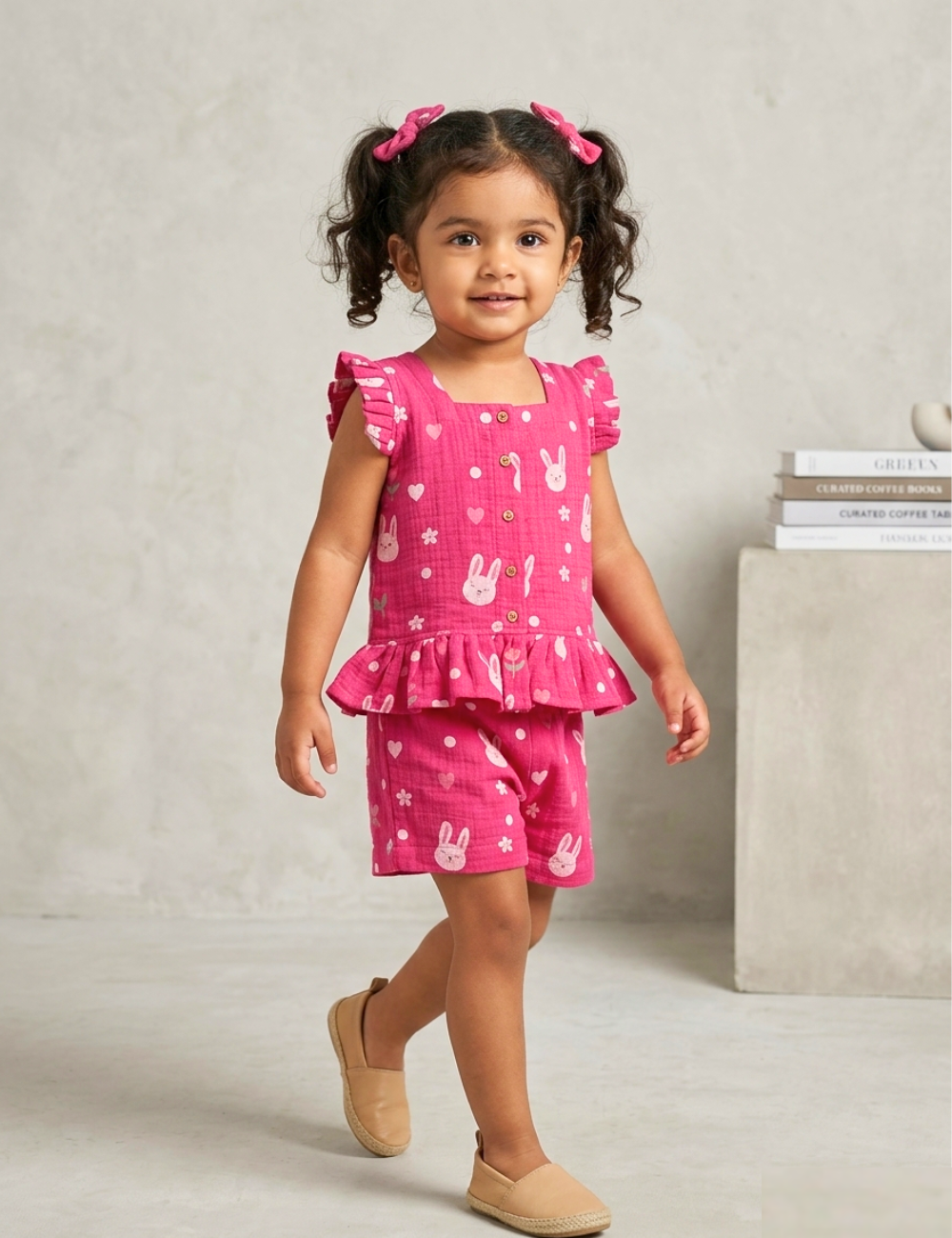 Pink Bunny Print Cotton Co-Ord for Girls
