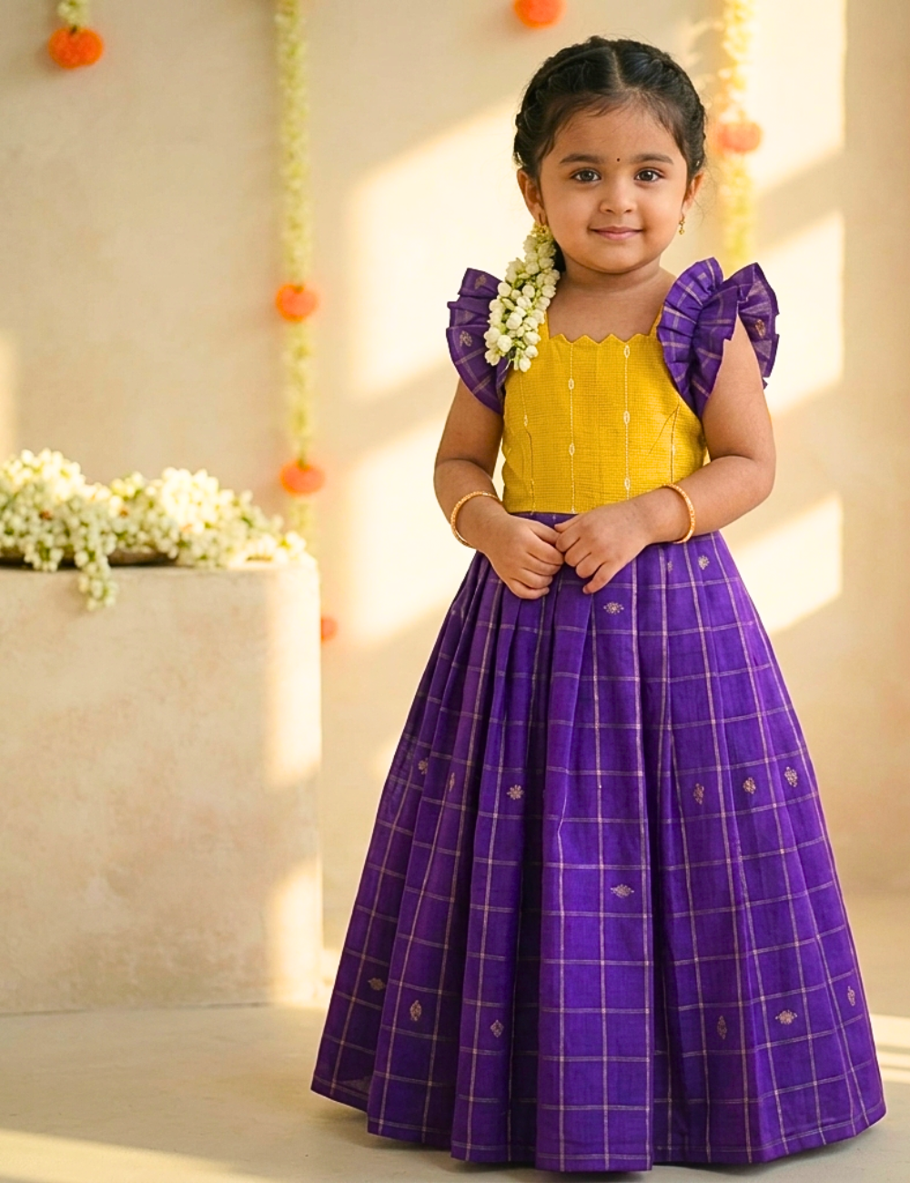 A young girl modeling a traditional Indian ethnic dress with a bright yellow embroidered bodice and a pleated purple skirt with a subtle gold grid pattern, set against a warm beige background with decorative garlands.