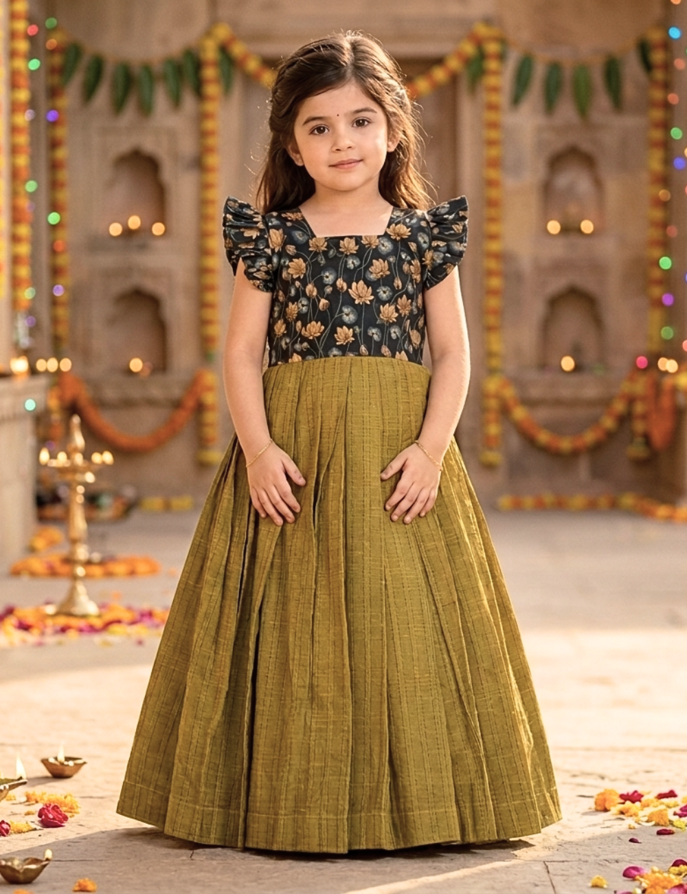 A young girl modeling a traditional Indian dress with a black floral bodice and a pleated olive green skirt, standing in a decorated courtyard.