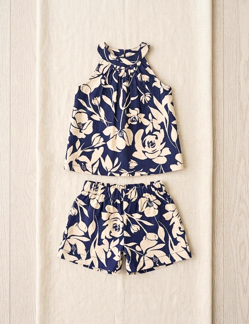 Navy Blue Flora High Neck Co-Ord Set