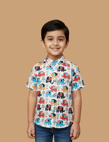 Playful Elephant Print Boys Cotton Shirt