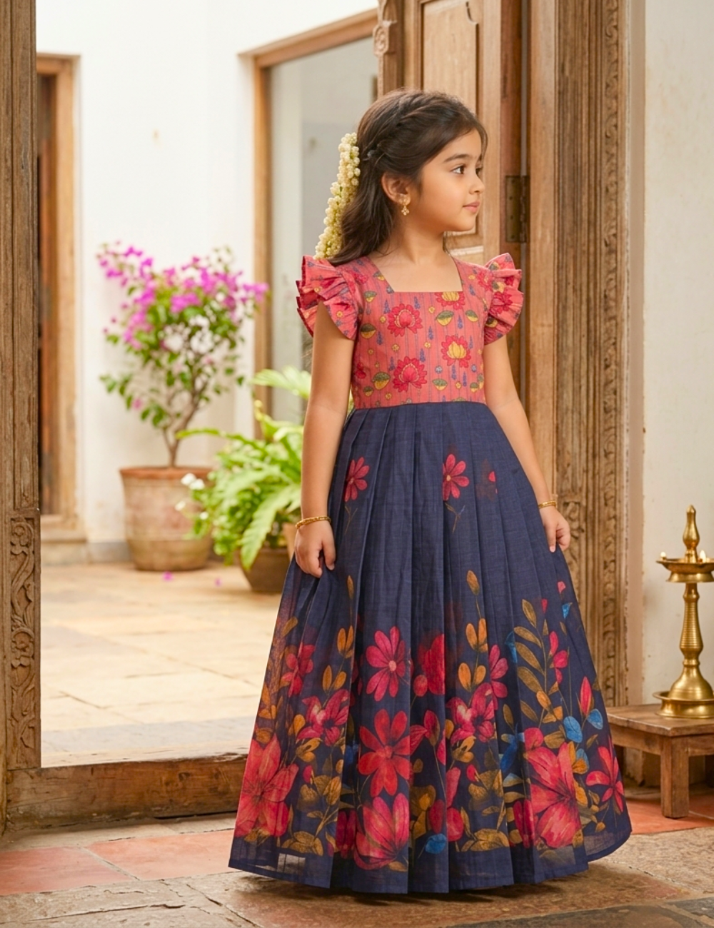 A young girl wearing a traditional Indian salwar kameez dress with a pink floral bodice and a navy blue flared skirt with colorful floral prints, standing in a doorway.