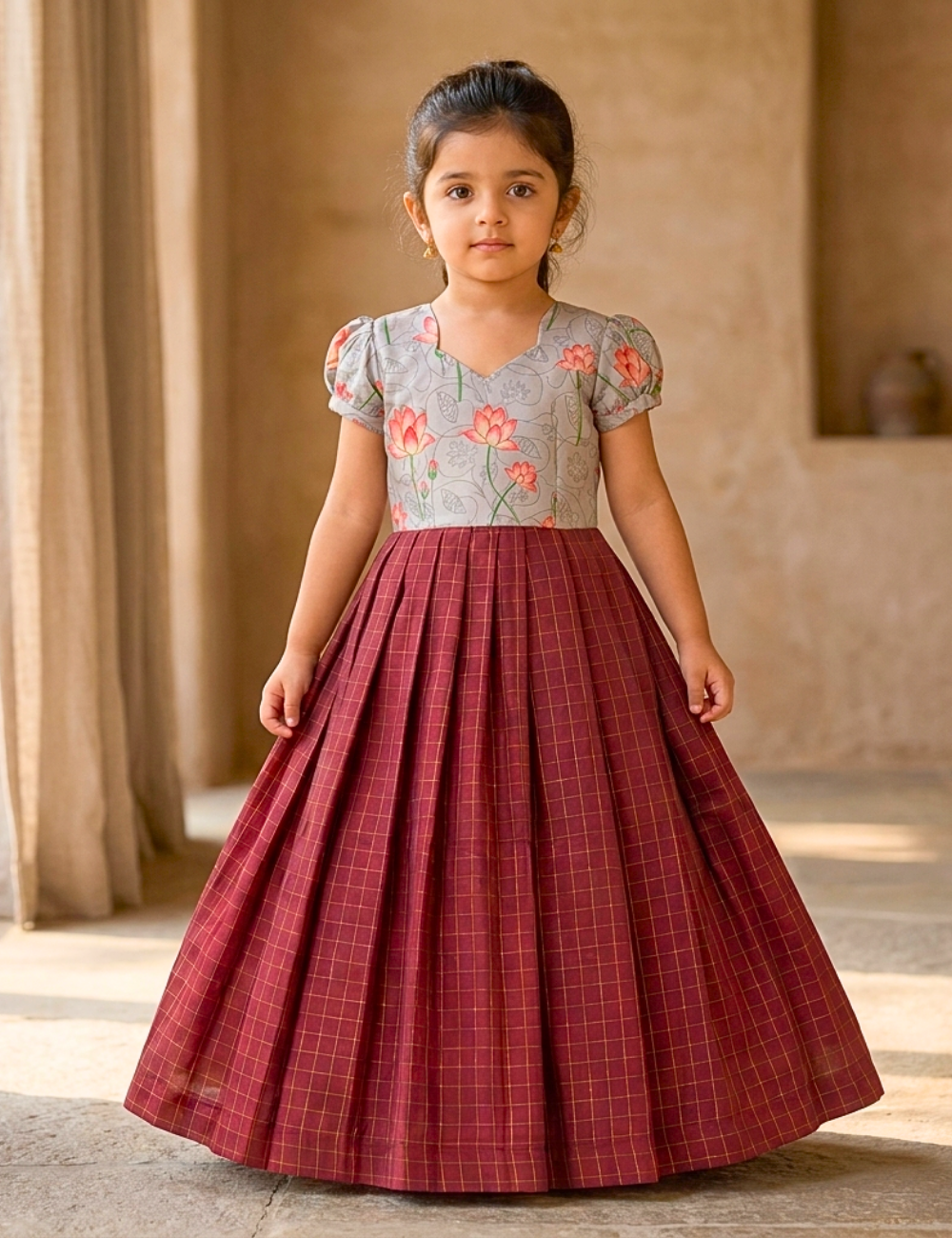A young girl wearing a traditional Indian outfit with a light gray floral printed blouse and a pleated maroon skirt with a subtle grid pattern, standing in a warm-toned indoor setting.