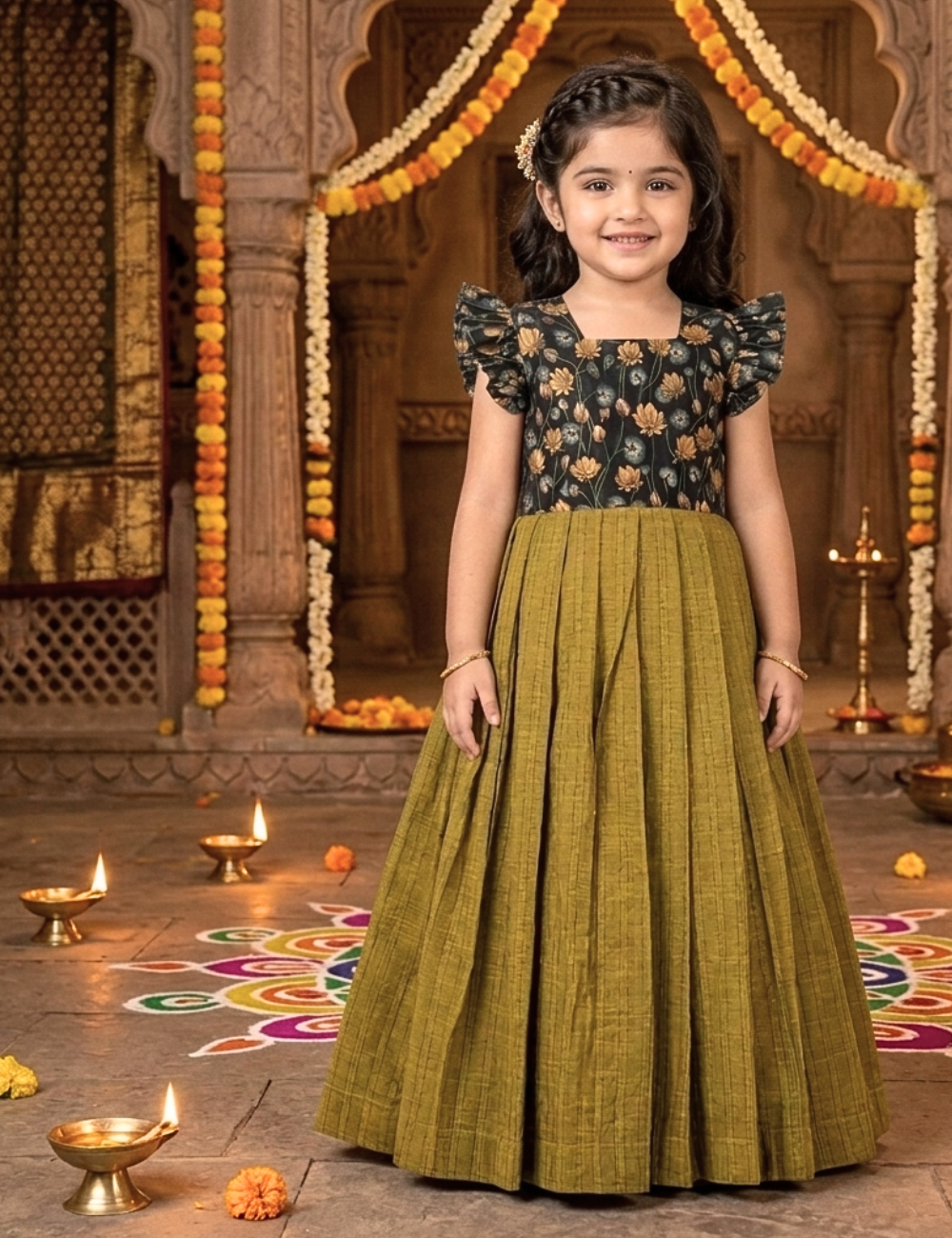 A young girl modeling a traditional Indian dress with a black floral bodice and a pleated olive green skirt, standing in a decorated courtyard.