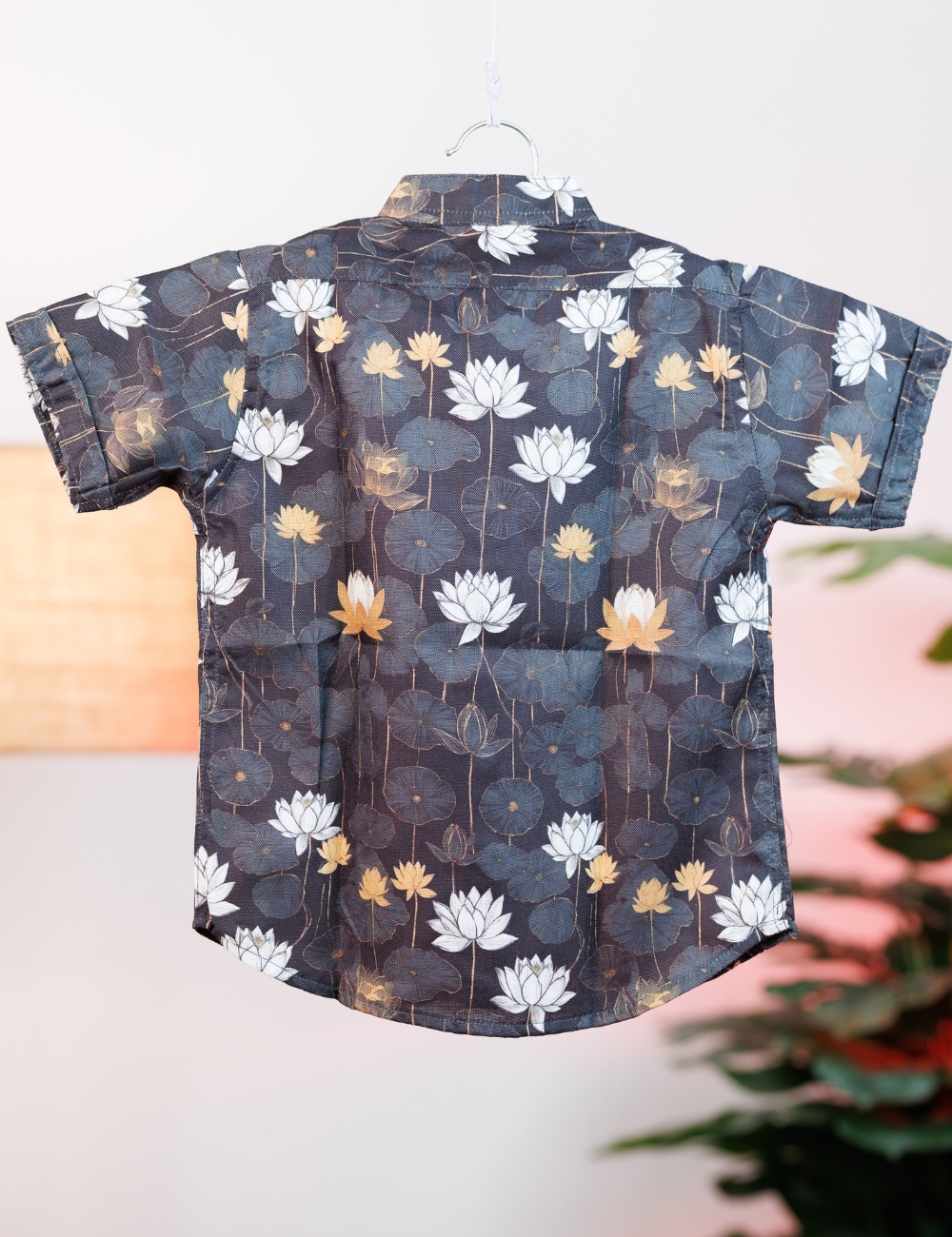 Printed Cotton Black Shirt with Lotus Motifs