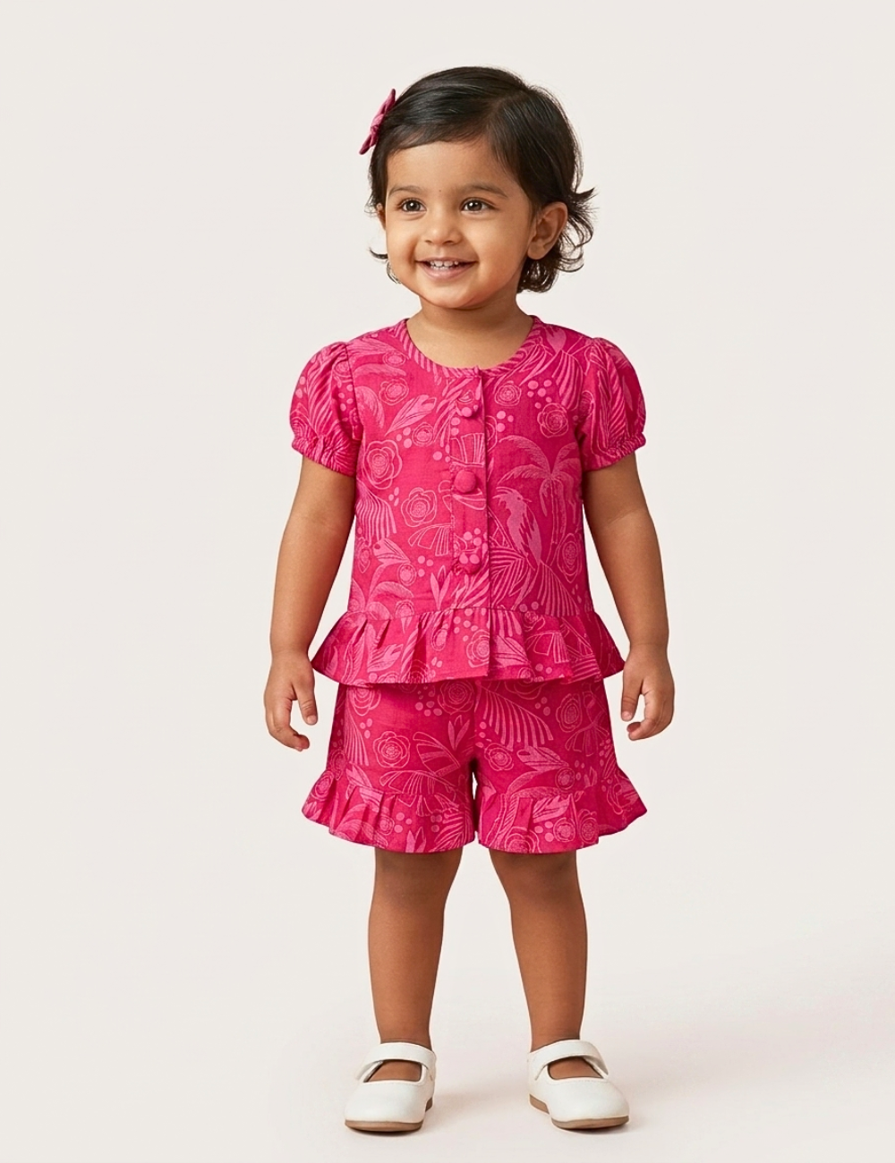 Back view of tropical bloom pink cotton co-ord set for girls — Lilme