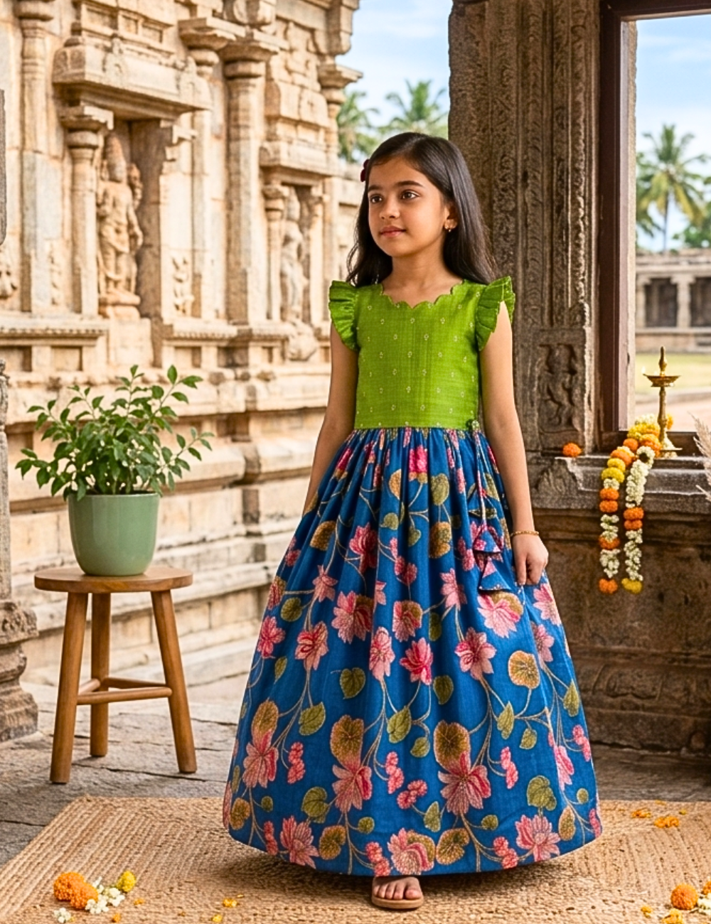 A young girl modeling a long dress with a bright green ruffled bodice and a full blue skirt featuring a pink and green floral print, set against a plain light gray background.