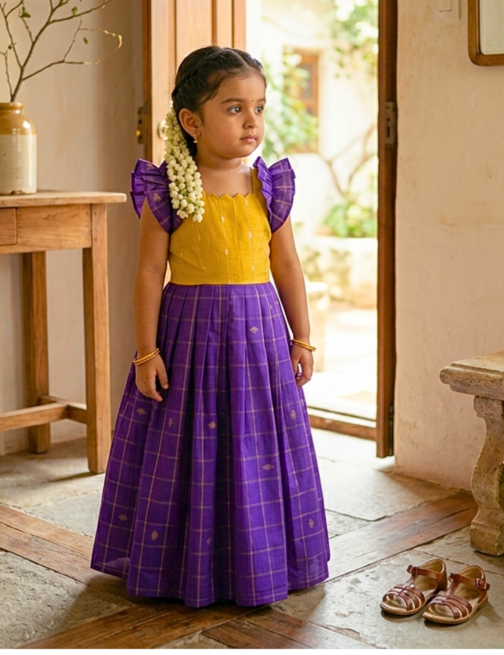 A young girl wearing a traditional Indian dress with a yellow top and a purple plaid skirt, standing in a rustic indoor setting with a pair of brown sandals nearby.