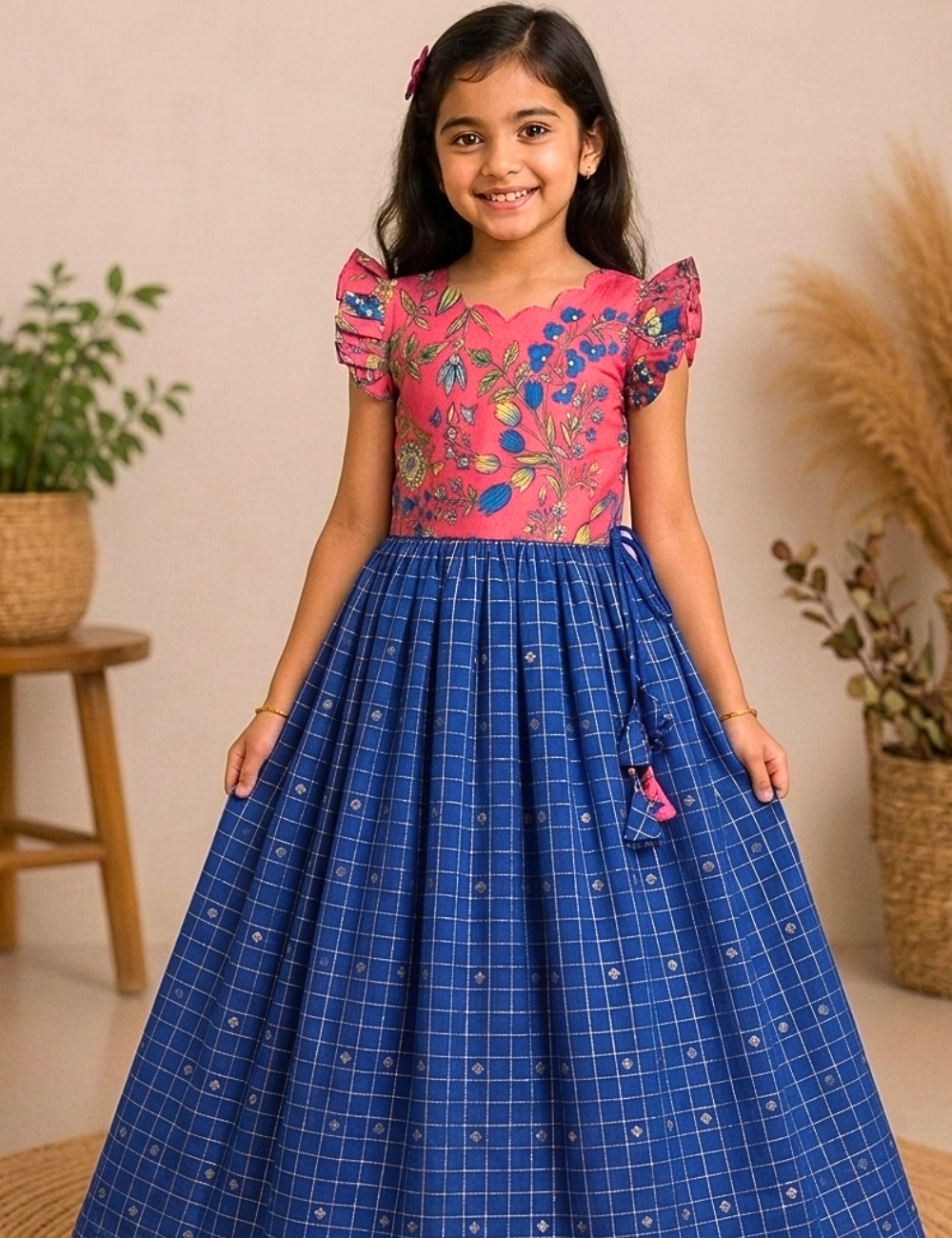 A young girl modeling a traditional Indian dress with a pink floral embroidered bodice and a blue checkered flared skirt, set against a warm beige background with decorative plants.