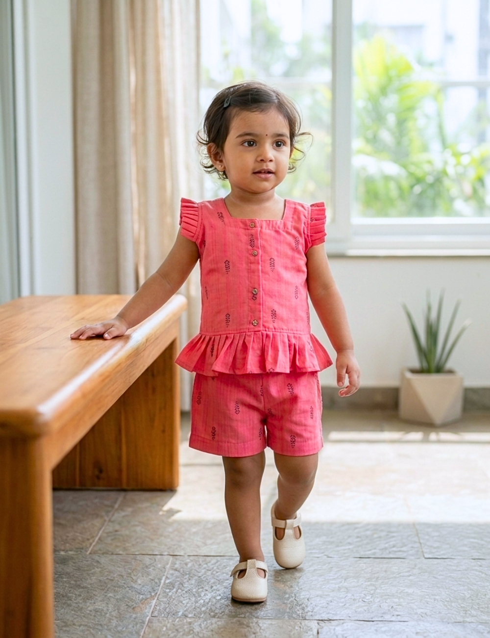 Coral Pink Cotton Co-ords for Girls