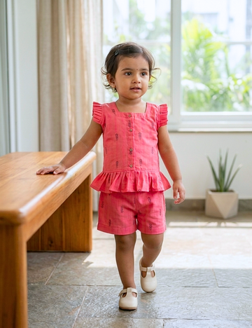 Coral Pink Cotton Co-ords for Girls