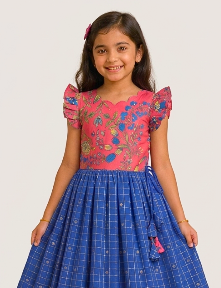A young girl modeling a traditional Indian dress with a pink floral embroidered bodice and a blue checkered flared skirt, set against a plain light gray background.