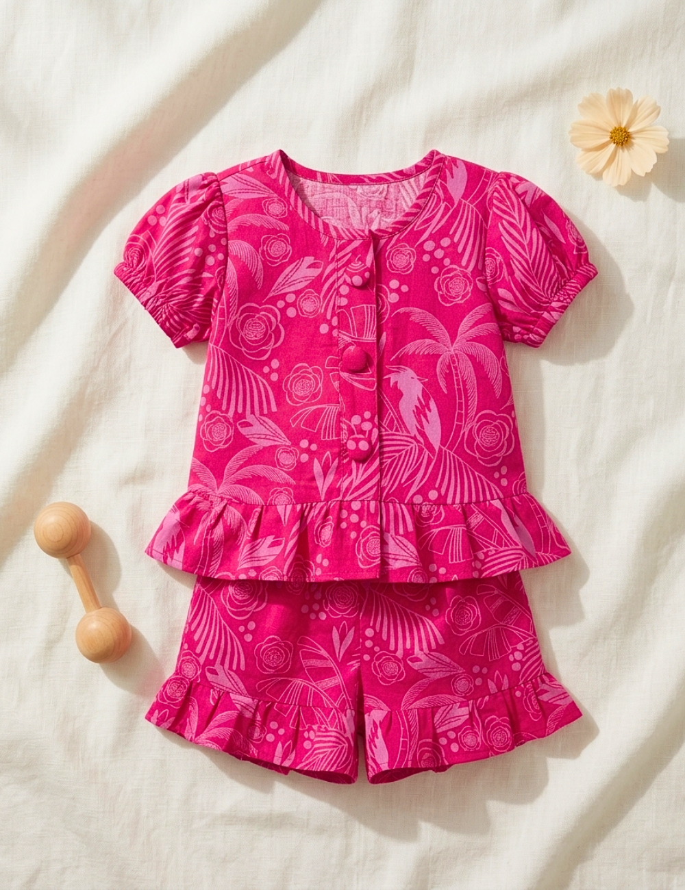 Flat lay of tropical pink peplum cotton matching set for girls — Lilme