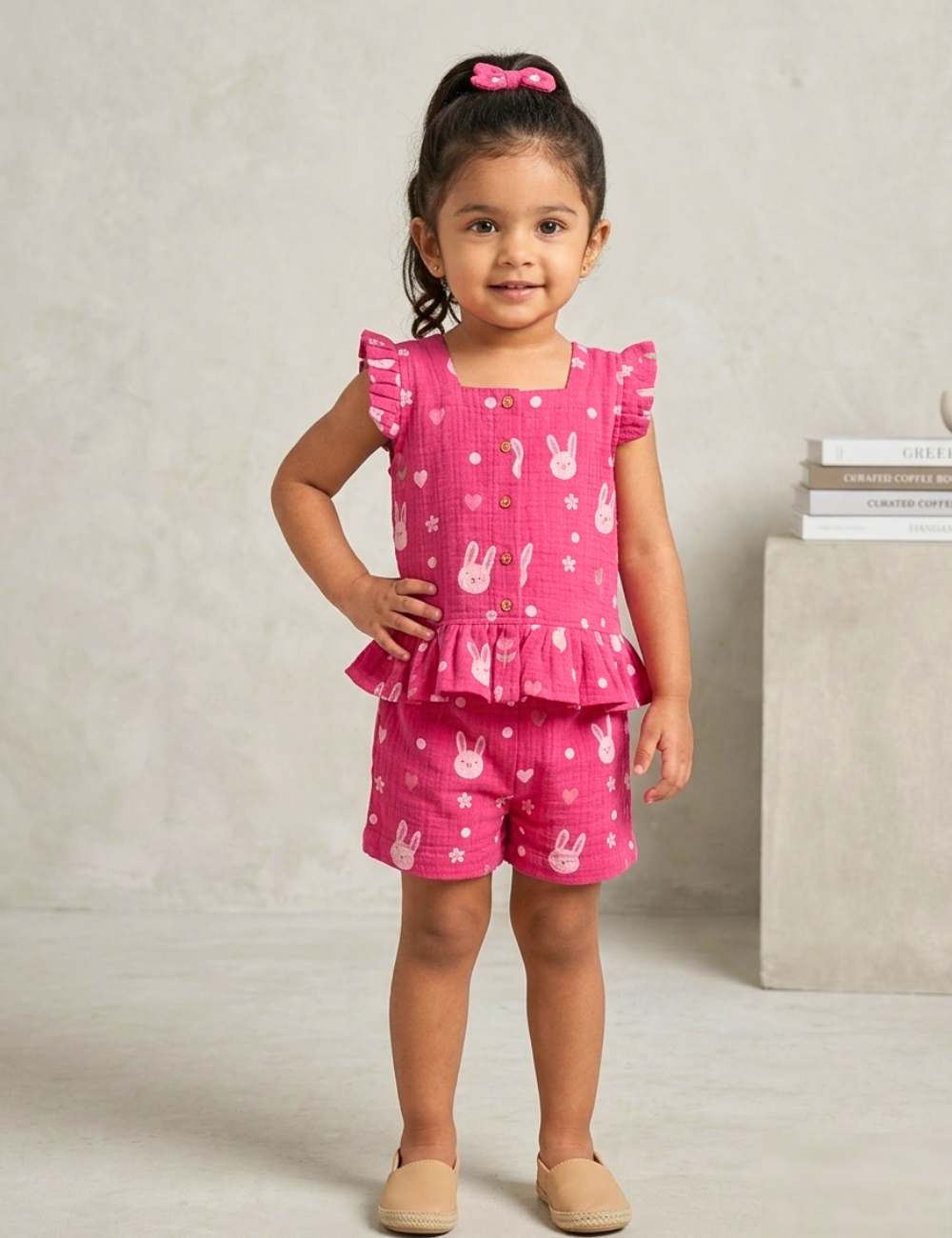 Pink Bunny Print Cotton Co-Ord for Girls