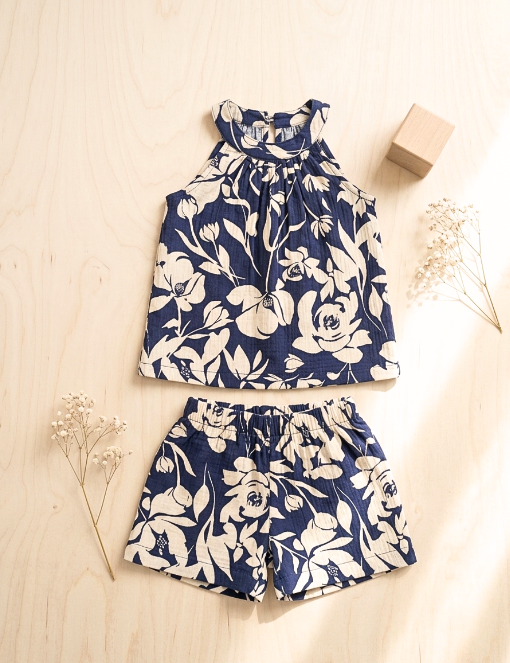 Navy Blue Flora High Neck Co-Ord Set