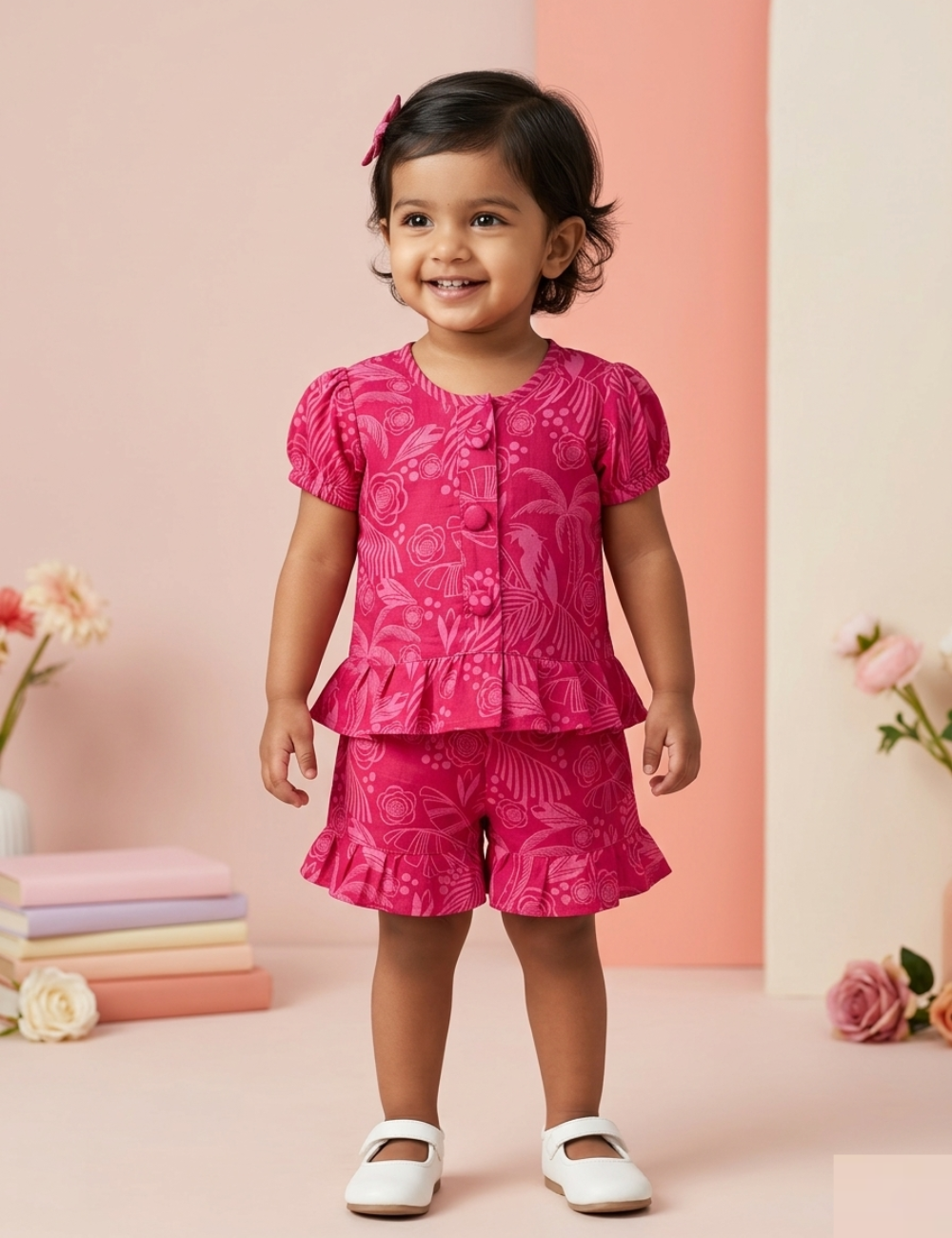 Detail of tropical bloom print on pink cotton peplum co-ord set for girls — Lilme