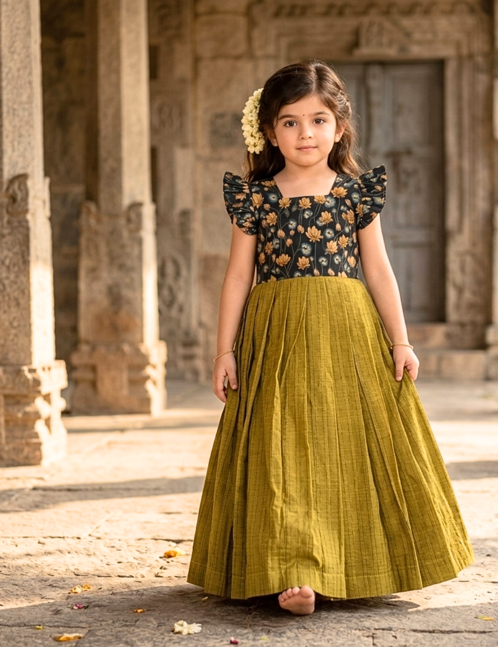 A young girl stands barefoot in a stone corridor wearing a two-piece outfit with a black floral top and a long olive green skirt.