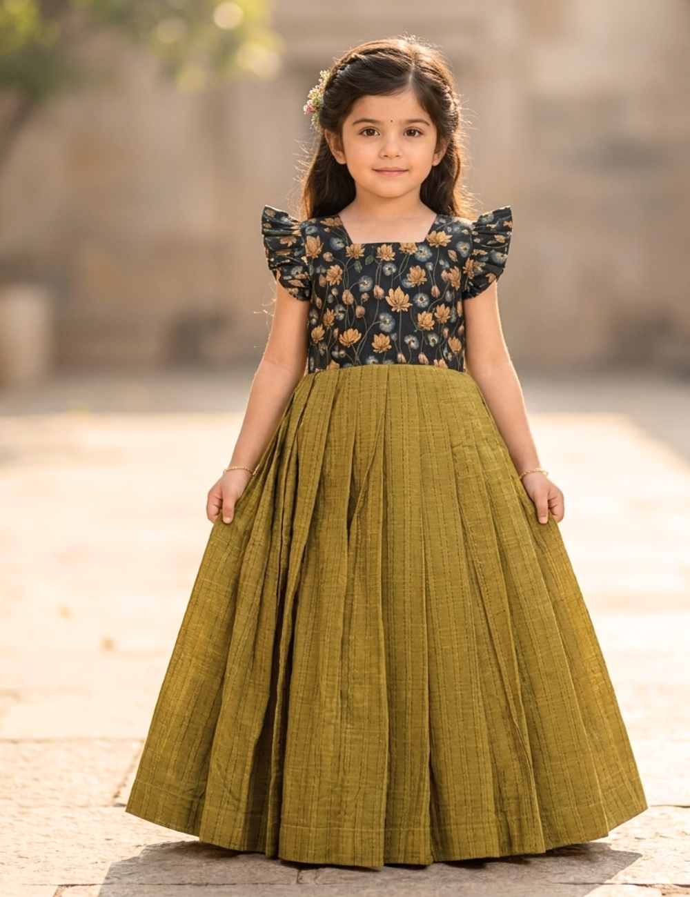 A young girl wearing a traditional Indian dress with a dark floral bodice and a voluminous olive green skirt, standing outdoors on a stone path.
