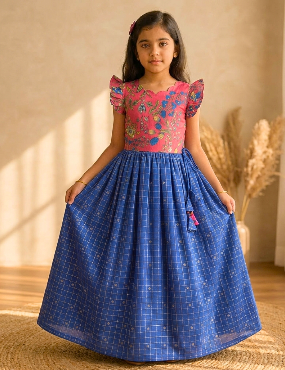 A young girl modeling a traditional Indian salwar kameez dress with a pink floral embroidered bodice and a blue checkered flared skirt, standing in a warm, sunlit room.