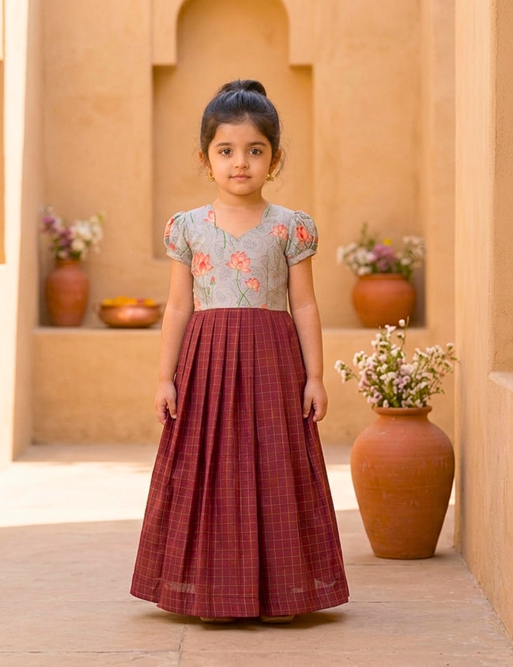 V neck maroon colour dressed girl ready for celebration