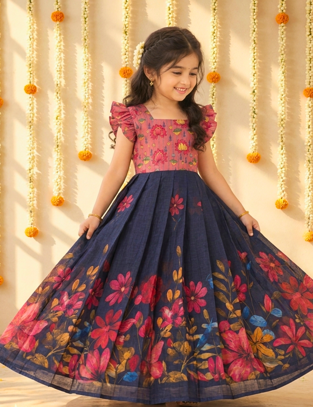A young girl modeling a traditional Indian salwar kameez dress with a navy blue skirt featuring a vibrant pink, red, and orange floral print, and a pink floral bodice with ruffled sleeves, set against a decorated background with hanging marigold garlands.
