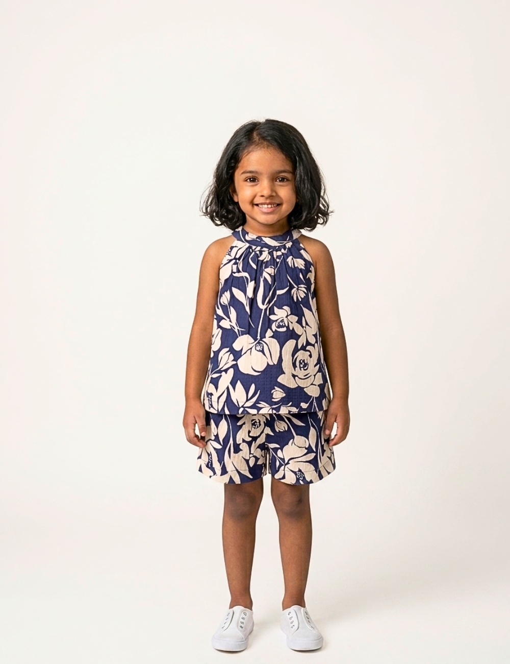 Navy Blue Flora High Neck Co-Ord Set