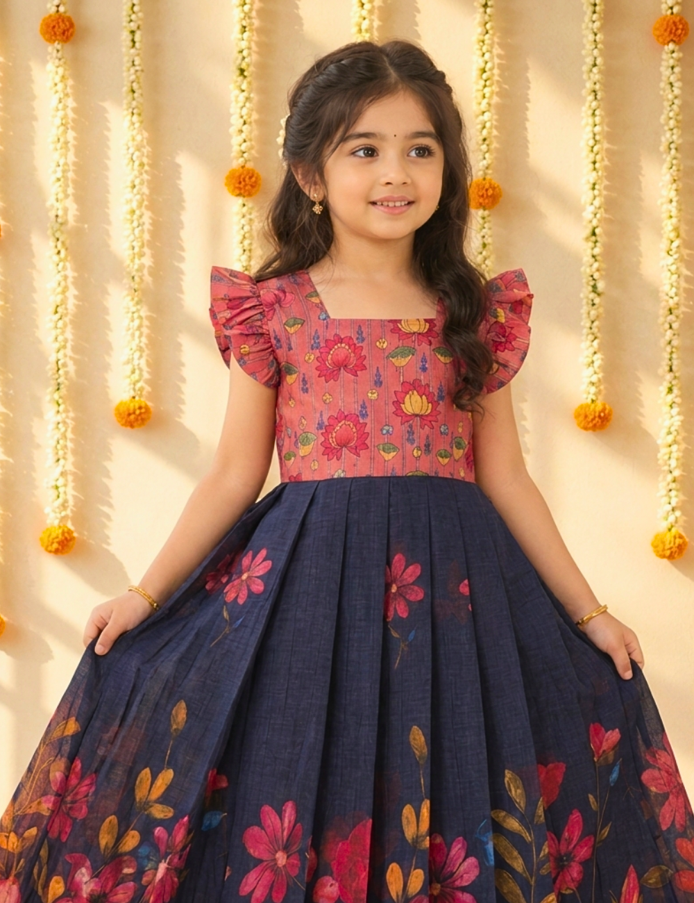 A young girl wearing a two-piece printed dress, featuring a pink floral top with ruffled sleeves and a navy blue pleated skirt with pink and orange floral patterns, posed against a decorated background with yellow marigold garlands.