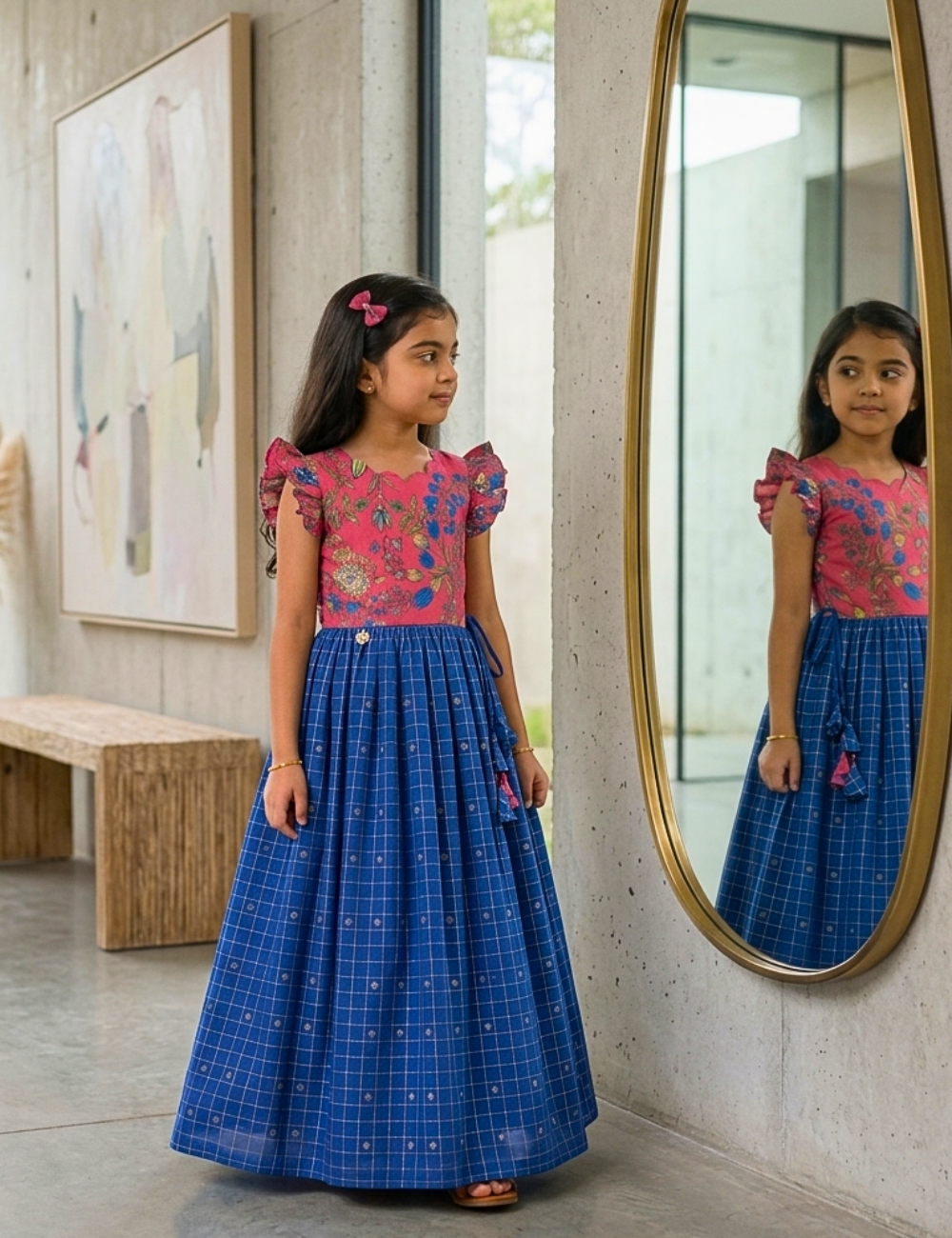 A young girl stands indoors next to a large oval mirror, wearing a traditional Indian dress with a pink floral embroidered bodice and a blue checkered flared skirt. The dress has ruffled sleeves and a small gold button at the waist.