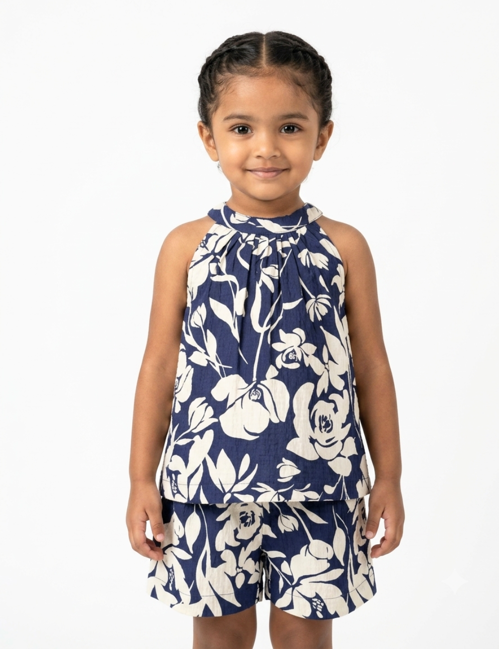 Navy Blue Flora High Neck Co-Ord Set