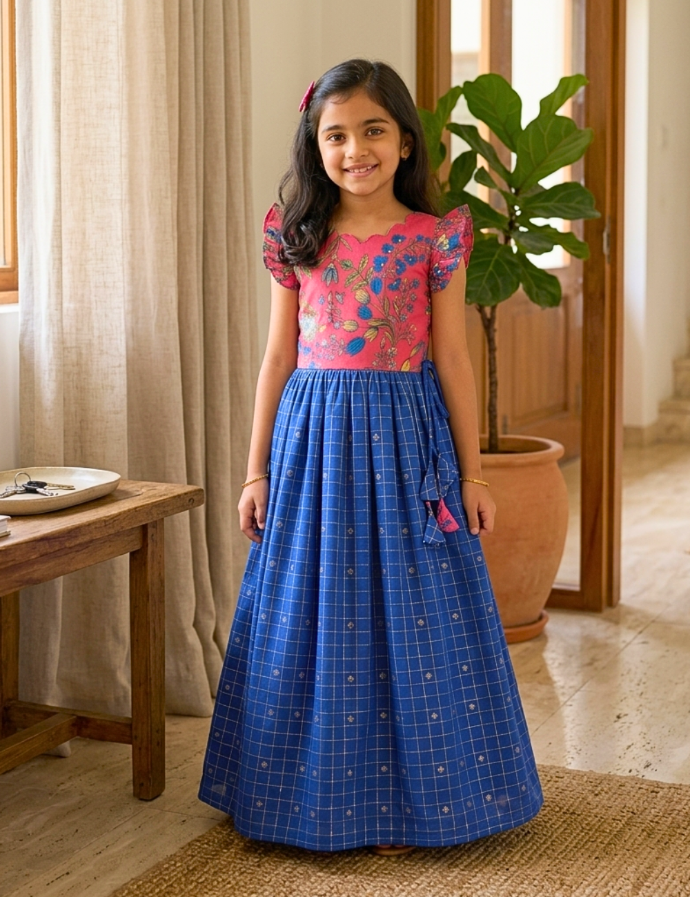 A young girl stands indoors wearing a traditional Indian dress with a bright pink floral embroidered bodice and a blue checkered skirt. The setting features a wooden table, beige curtains, and a potted plant in the background.