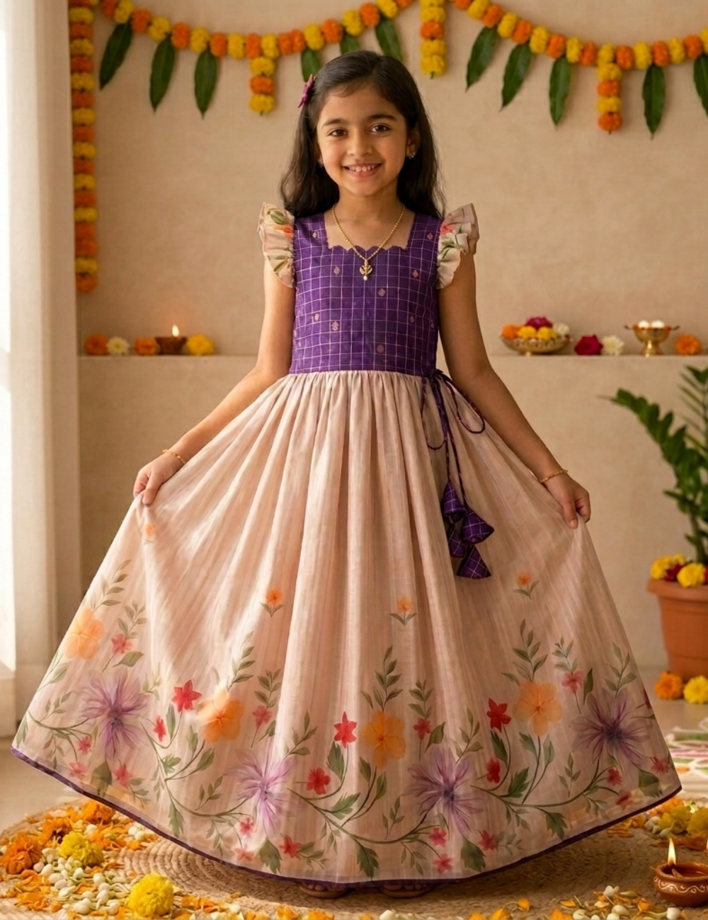 A young girl stands indoors wearing a long floral dress with a purple grid-patterned bodice, flutter sleeves, and a full cream skirt decorated with colorful flowers and green leaves.