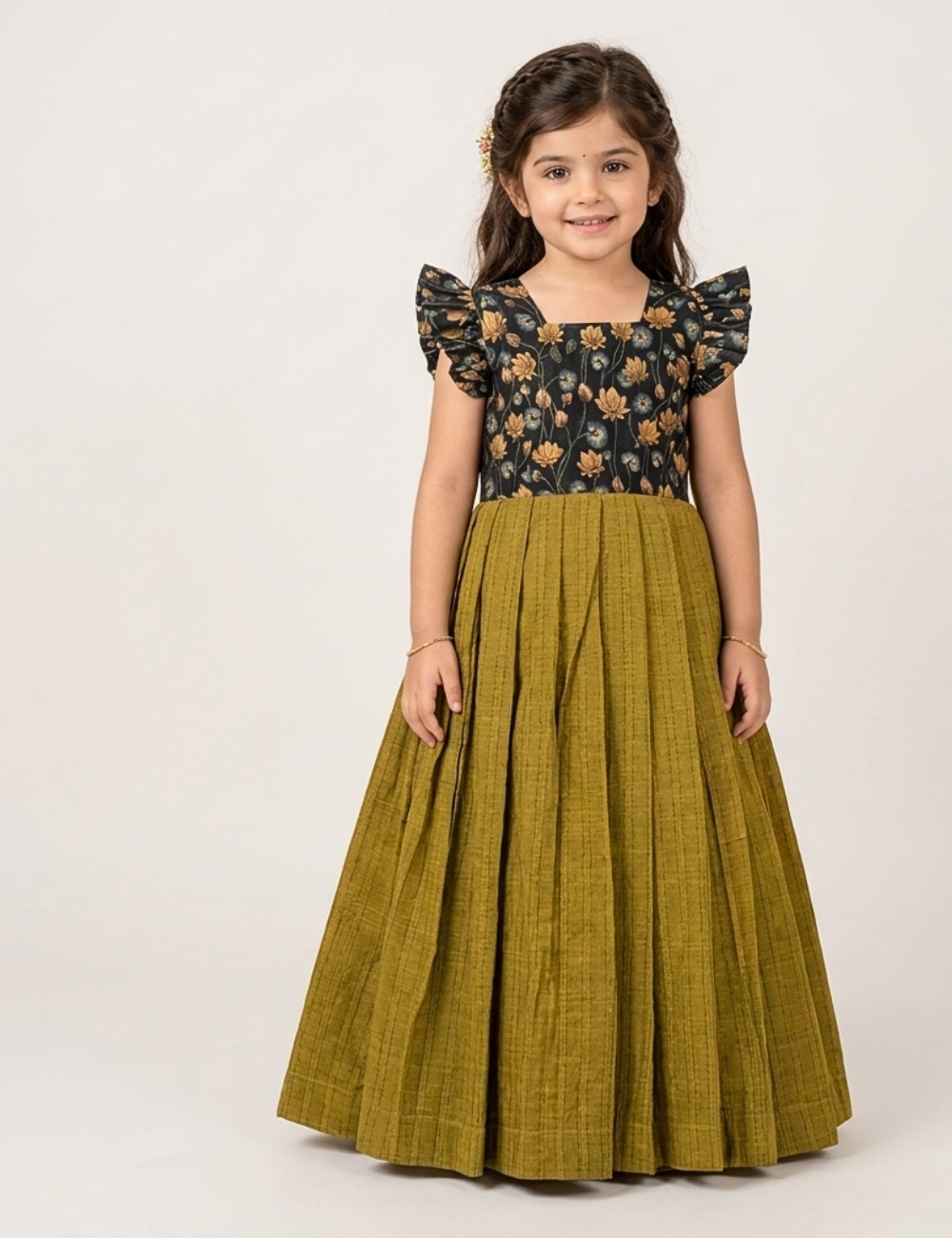 A young girl modeling a long dress with a dark floral bodice and a pleated olive green skirt, standing against a plain light gray studio background.