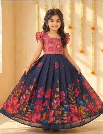 A young girl wearing a navy blue floral print party dress with a pink embroidered bodice, standing in a decorated indoor setting with warm lighting.