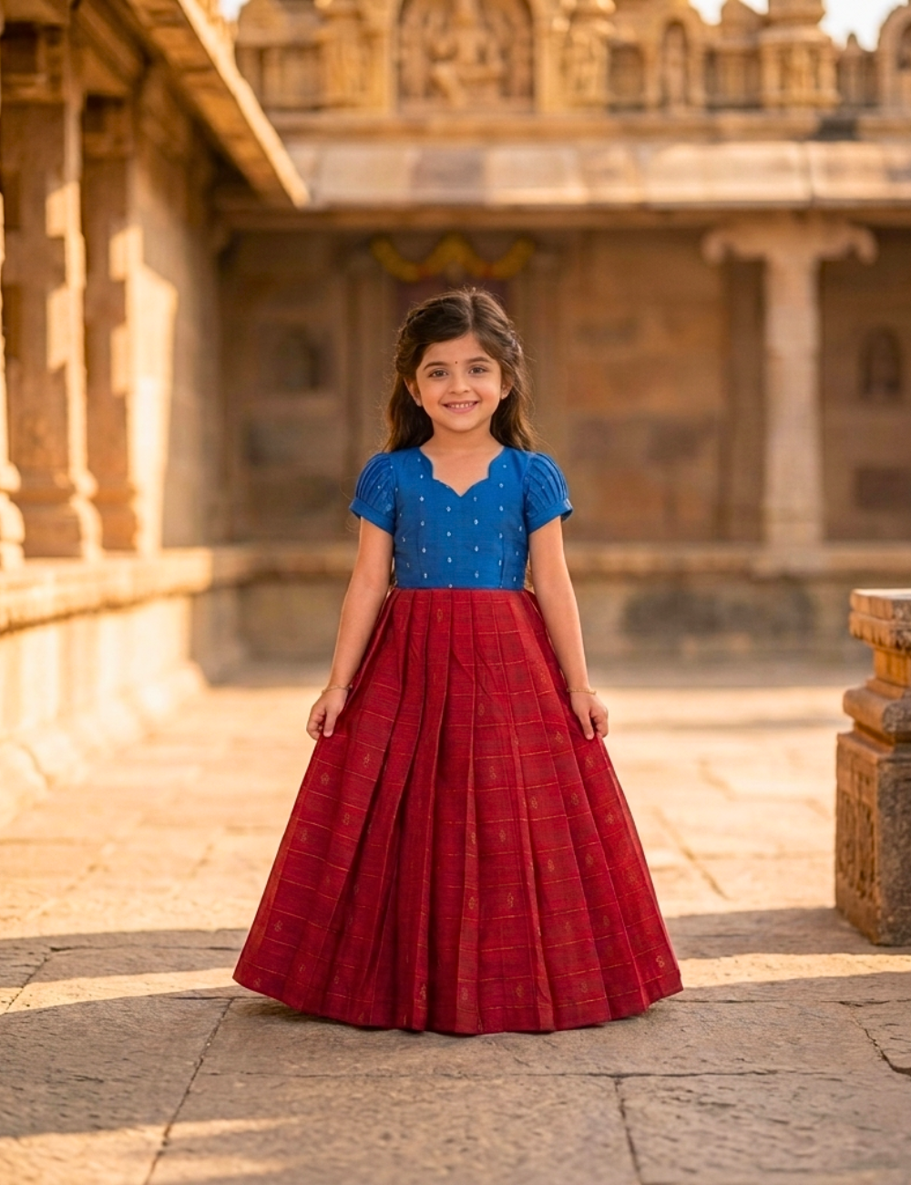 Maroon Raw Silk Gown with Royal Blue Puff Sleeve Bodice