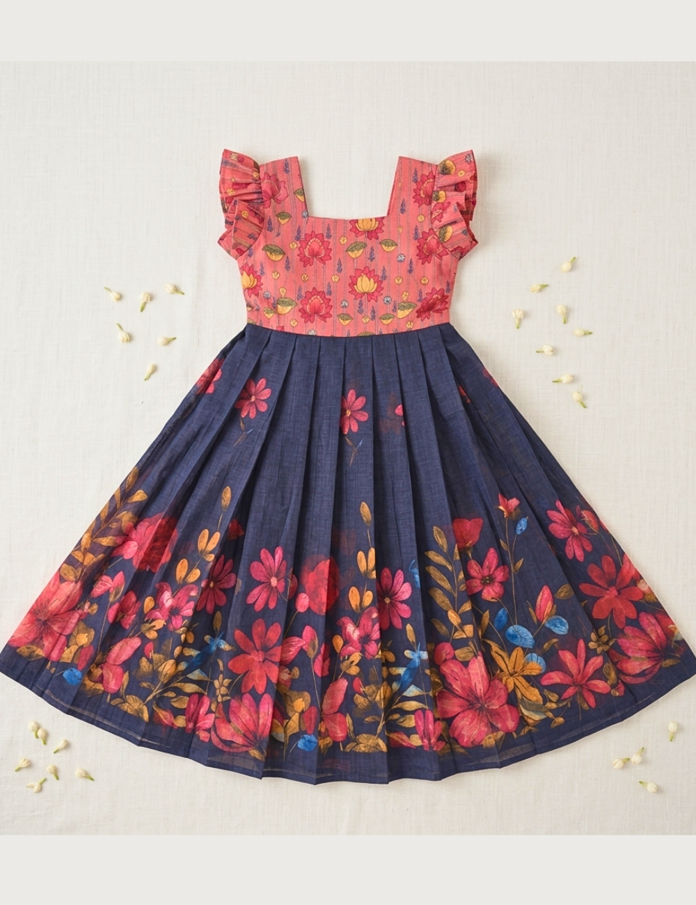 A sleeveless children's dress laid flat on a light beige fabric background, featuring a coral pink floral bodice with ruffled shoulder straps and a navy blue pleated skirt with a large red, pink, and orange floral print.