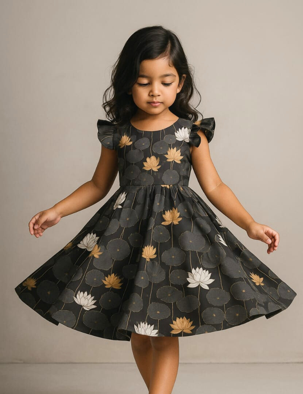 Elegant Lotus print Black frock