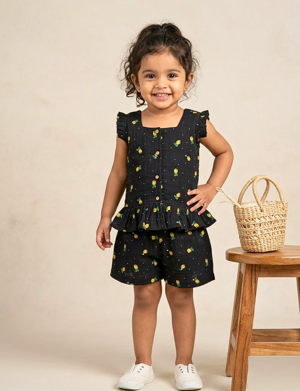 Child wearing a black dress with yellow patterns, standing next to a wooden stool with a basket on it.