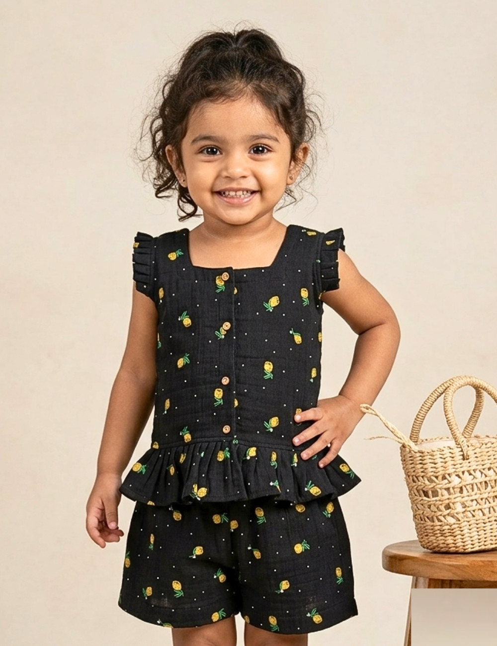 Child wearing a black dress with yellow patterns, standing next to a wooden stool with a basket on it.