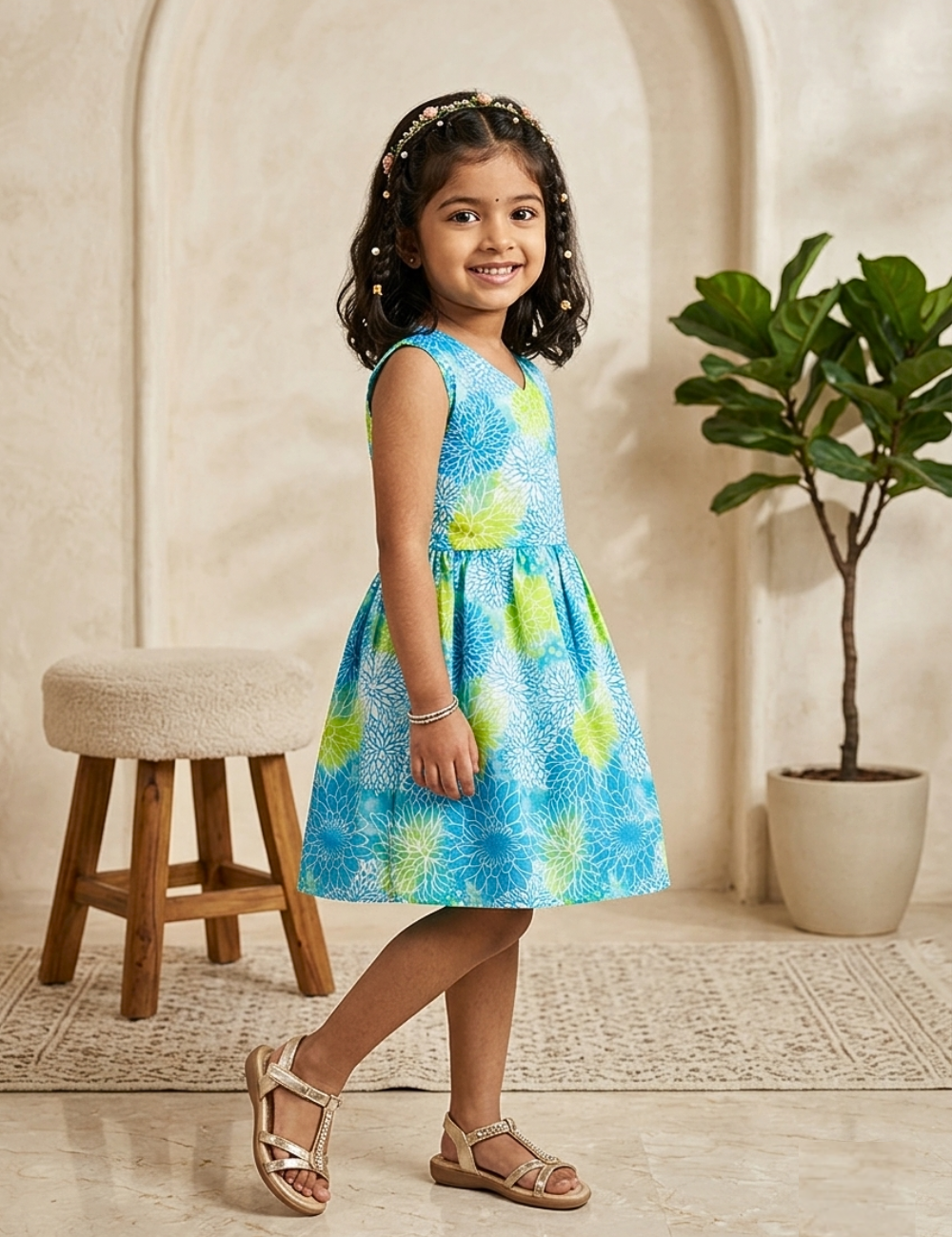 Comfy Blue Sleevless Cotton Girls Frock