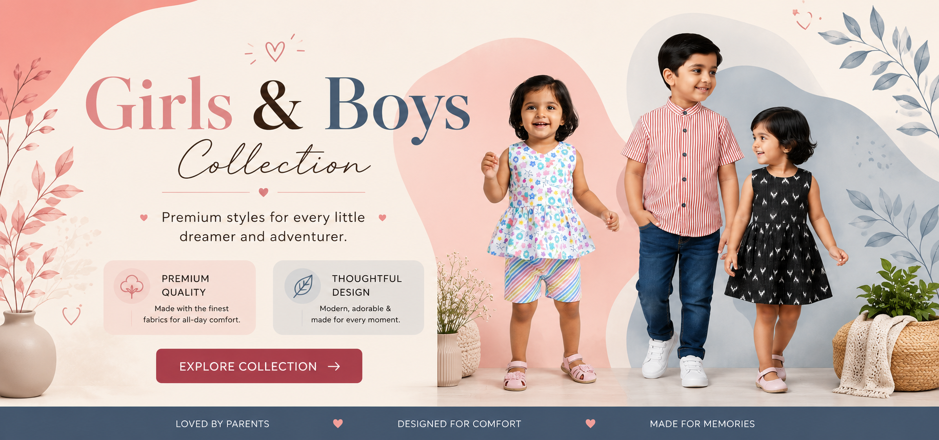 A promotional collage for a children's clothing collection titled 'Girls & Boys Collection,' showing three young children modeling outfits against a soft pastel graphic background. The left child wears a light blue floral top and shorts, the center child wears a pink striped shirt with blue jeans, and the right child wears a black dress with white pattern.slider_item_UWAbPE