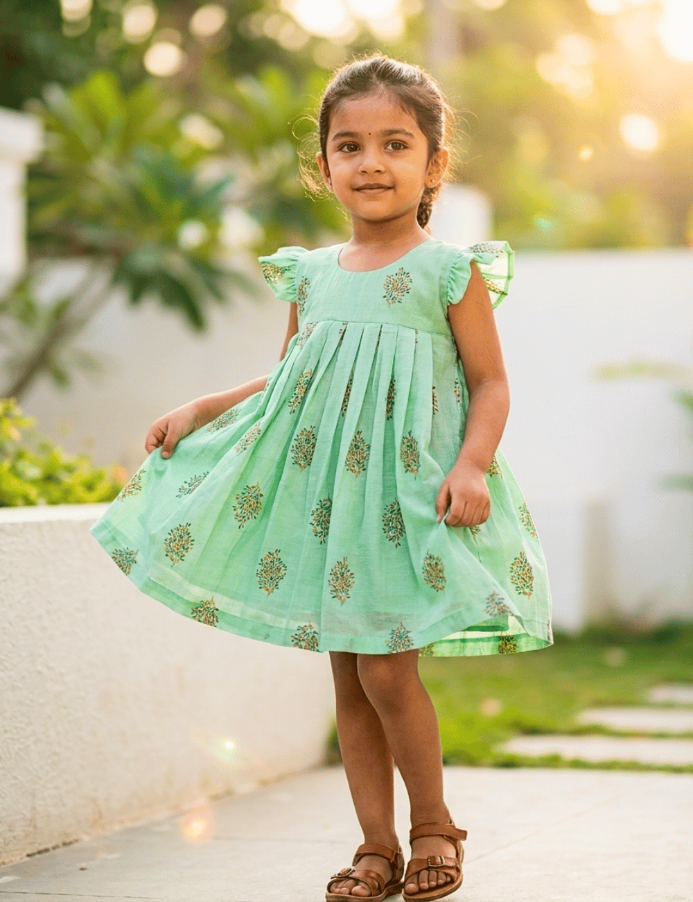Premium Mint Green Floral Girls Cotton Frock with Pleated Front Yoke, Flutter Sleeves and Soft Breathable Woven Cotton Fabric for Kids