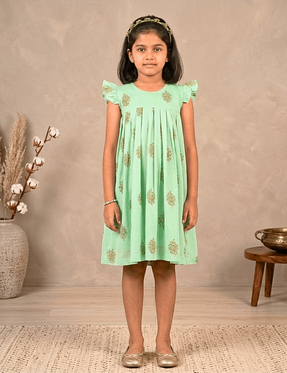 Premium Mint Green Floral Girls Cotton Frock with Pleated Front Yoke, Flutter Sleeves and Soft Breathable Woven Cotton Fabric for Kids