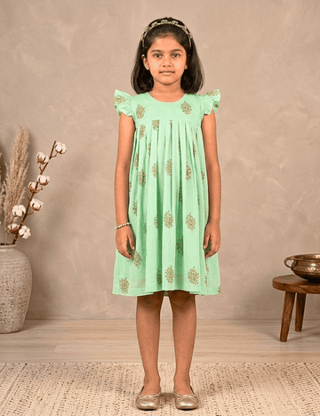 Premium Mint Green Floral Girls Cotton Frock with Pleated Front Yoke, Flutter Sleeves and Soft Breathable Woven Cotton Fabric for Kids