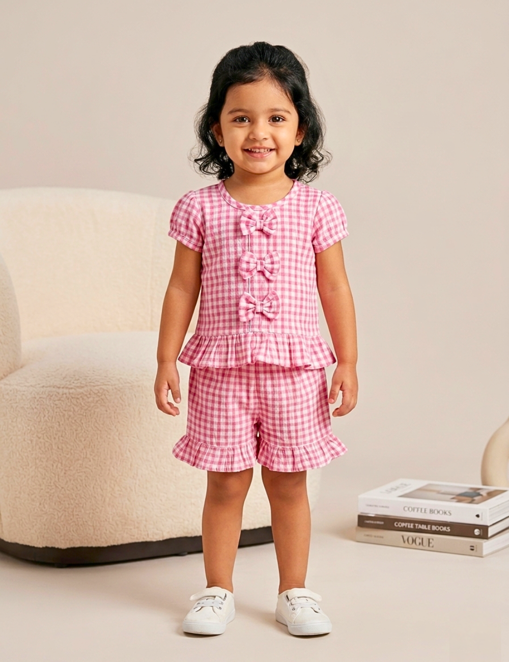 Rose gingham checked cotton co-ord set with bow detail for girls 12M to 6Y — Lilme